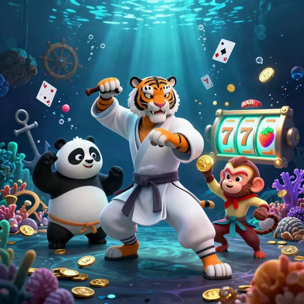 Tiger master, panda, and monkey in a glowing underwater treasure cove with coins and slot symbols.