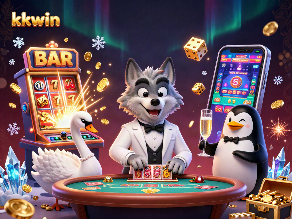kkwin casino scene with a cartoon wolf, elegant swan, and penguin sommelier amidst slot game symbols.
