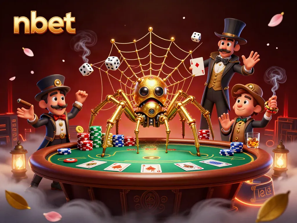 Engaging illustration of the nbet online casino scene, featuring a steampunk spider and a perplexed fly gentleman.
