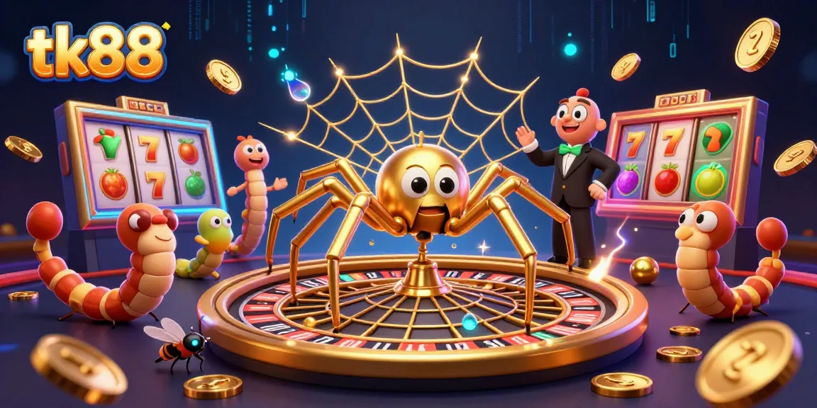 tk88 spins winning bets with a golden spider and casino elements in a vibrant illustration.