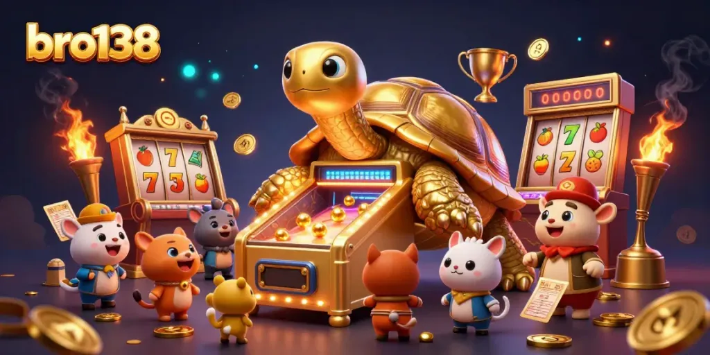 Experience exhilarating gaming at bro138 with a golden tortoise and vibrant slot elements.