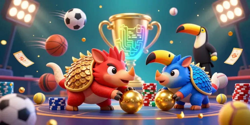 Xoilactv pangolins compete in a vibrant 3D casino scene with golden balls and sports elements.
