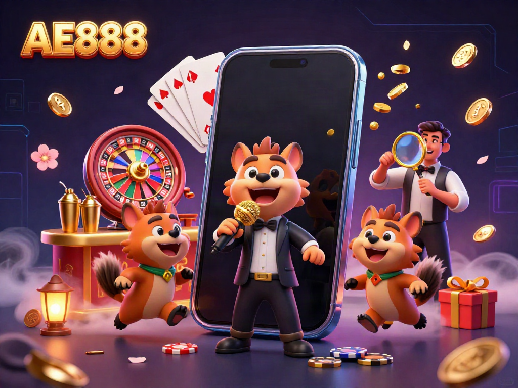 Experience the vibrant AE888 casino with hyenas running a comedy club and interactive gaming elements.