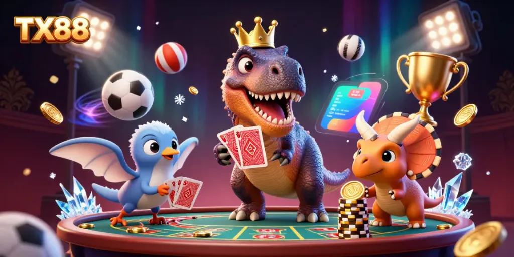 Experience the thrill of TX88 as a T-Rex and friends dive into a lively live casino scene.