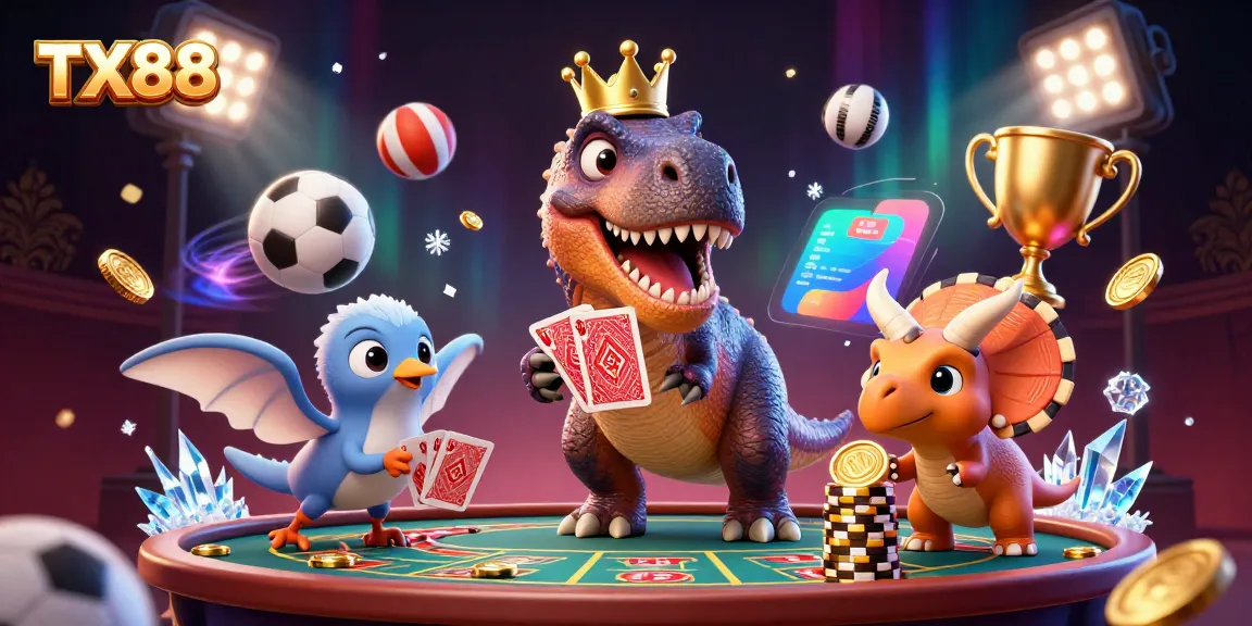 Experience the thrill of TX88 as a T-Rex and friends dive into a lively live casino scene.