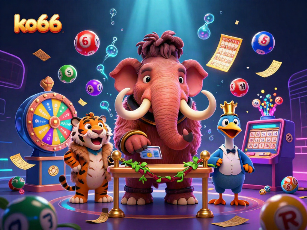 Engage in thrilling gameplay at ko66 with vibrant lottery elements and dynamic casino characters.