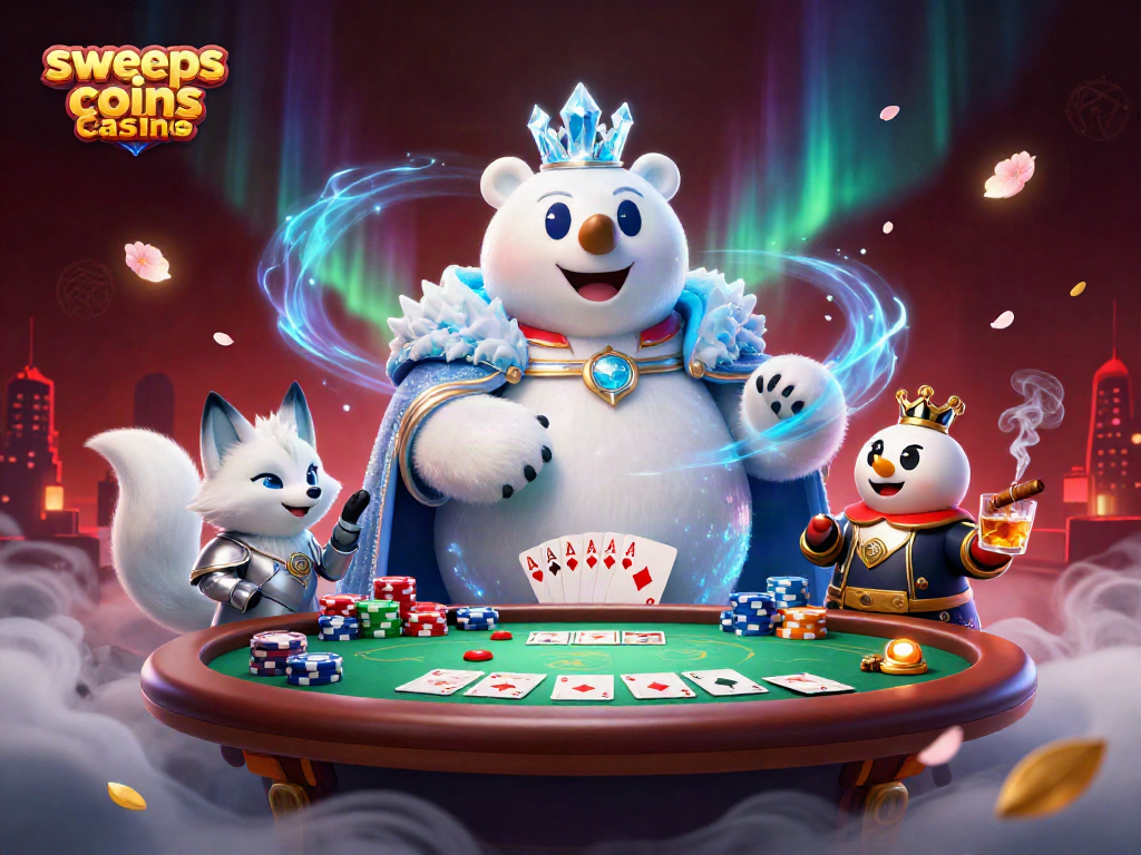 Win big at sweeps coins casino with vibrant 3D characters, poker chips, and exciting gameplay elements.