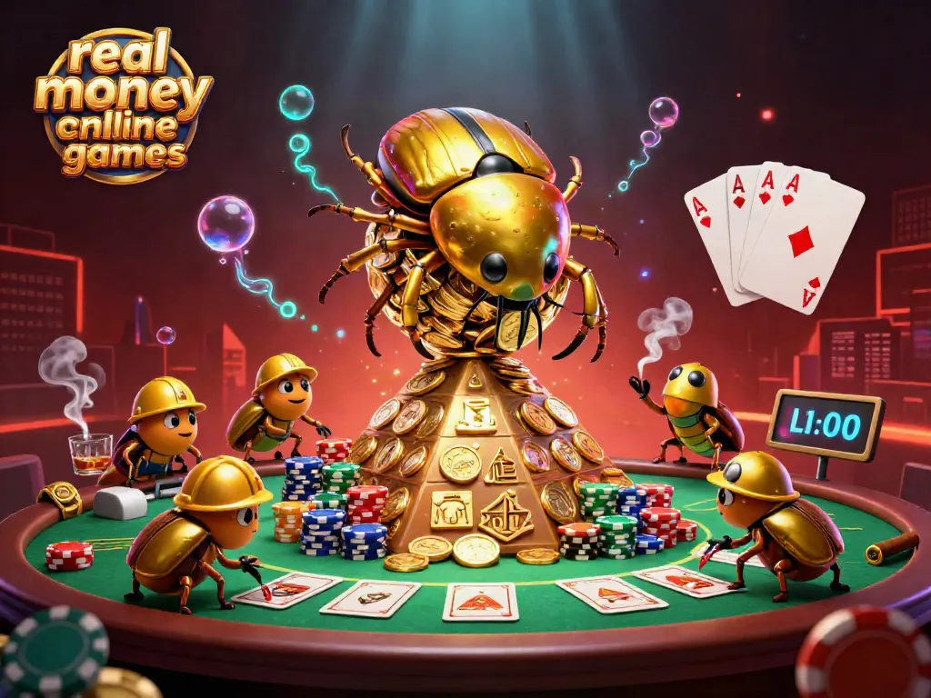Experience exciting real money online casino games with this vibrant 3D illustration of beetles and poker elements.