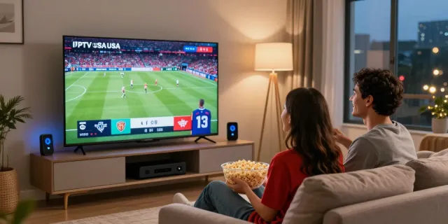 Couple enjoying IPTV USA sports content in a cozy living room