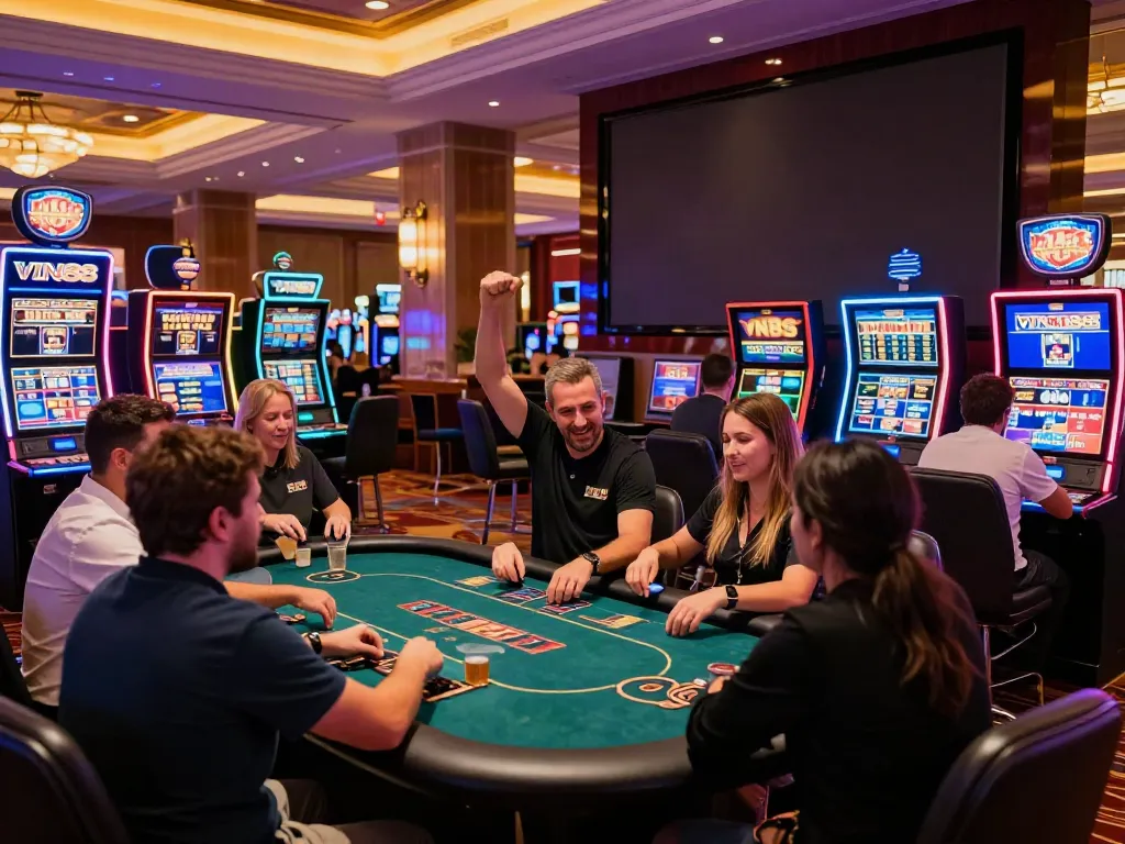 Experience thrilling gaming moments at VIN88's lively casino scene featuring diverse players and electrifying atmosphere.