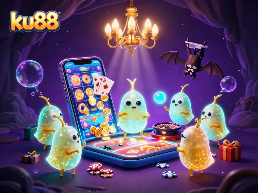 ku88 celebrates winning moments at a vibrant cave casino with glowworms lighting the action