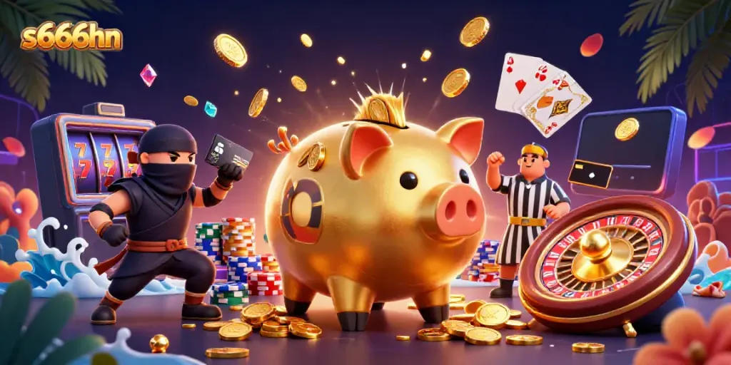 s666hn casino scene highlights dynamic characters and vibrant graphics with gold coins and playing cards