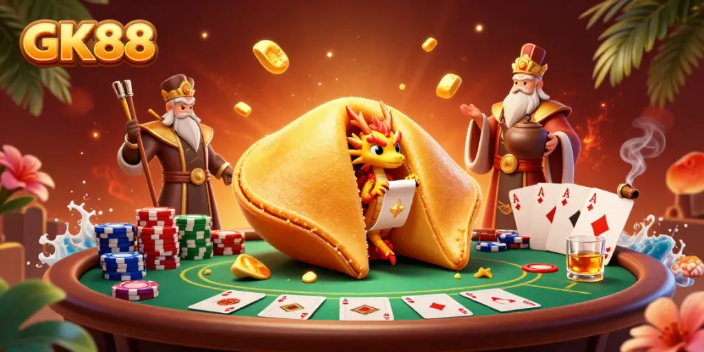 Engage in GK88-themed gambling with a golden fortune cookie scene filled with poker elements.