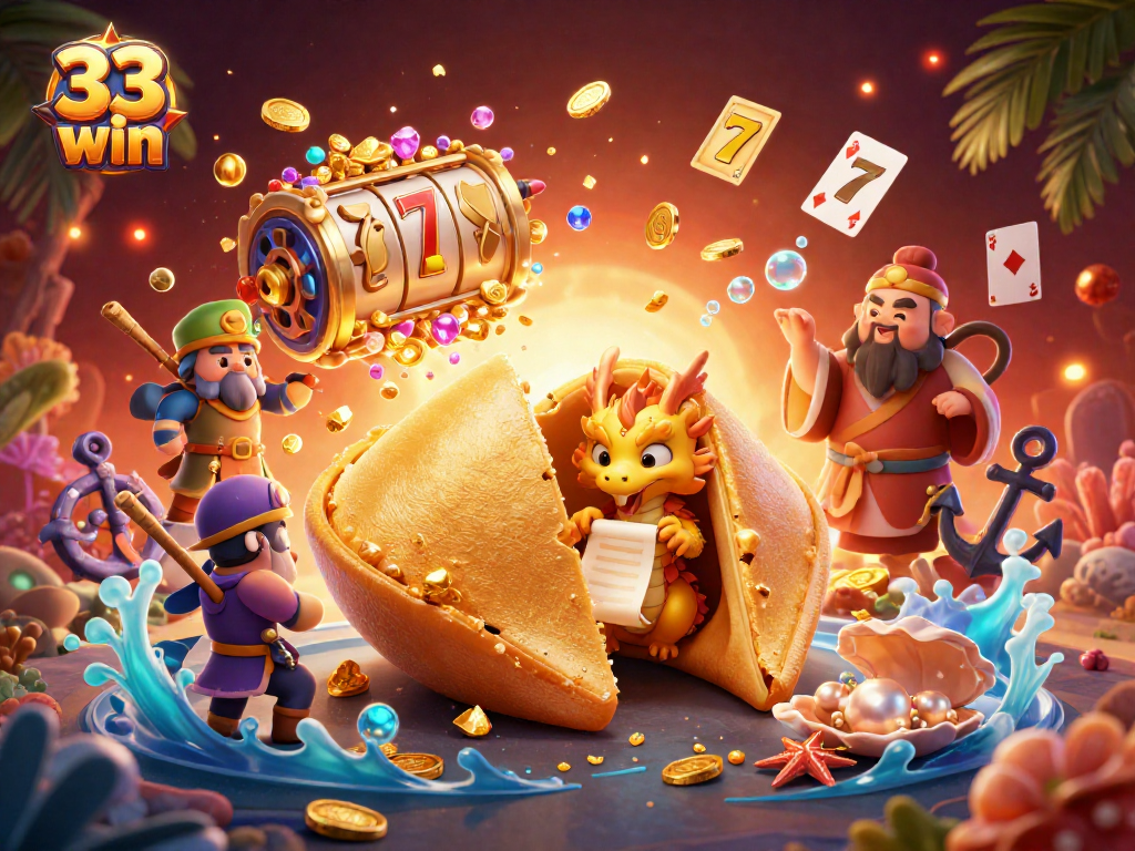 Experience the thrill of 33 win with this vibrant 3D illustration showcasing dynamic casino elements.