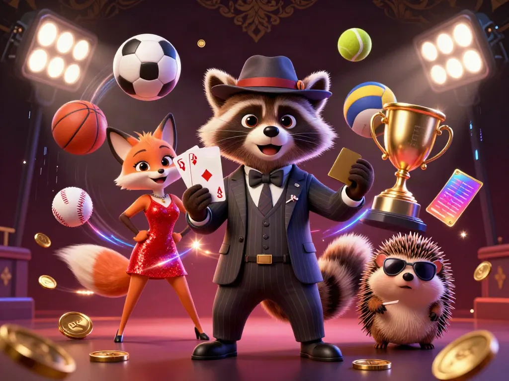 Experience the thrill of hitclubb with a raccoon and fox duo in a dynamic casino scene full of sports elements.