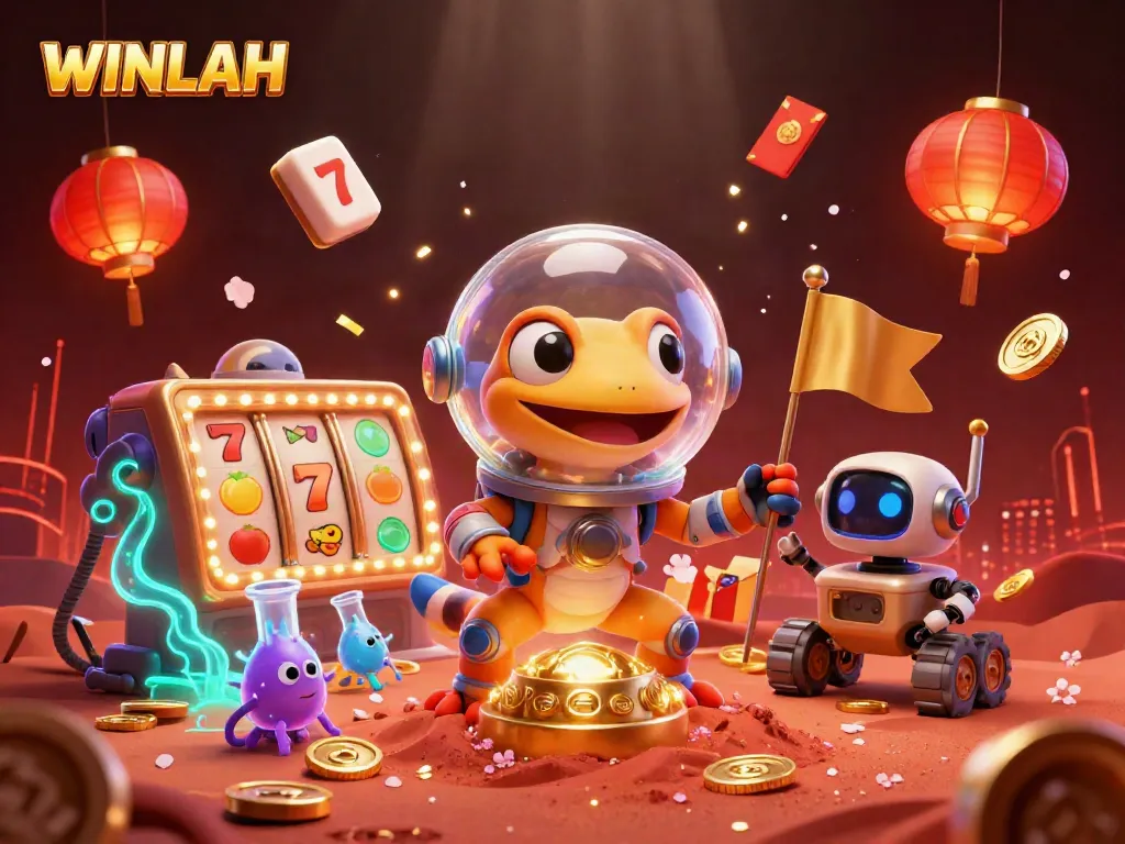 WINLAH showcases a Martian gecko discovering a golden casino with vibrant slot reels and fireworks.