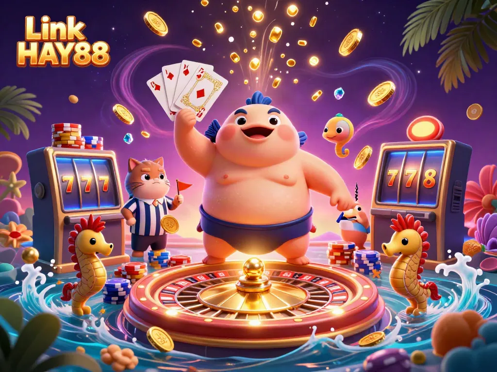 Engage in thrilling gameplay at Link HAY88 with an underwater casino scene featuring unique fish characters.