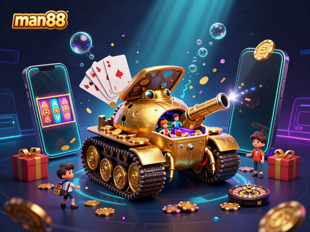 Experience the excitement at man88 with a futuristic casino tank featuring games and flying coins.