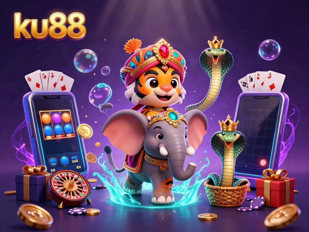 Engage with ku88's vibrant casino experience featuring a royal tiger, elephant, and golden elements.