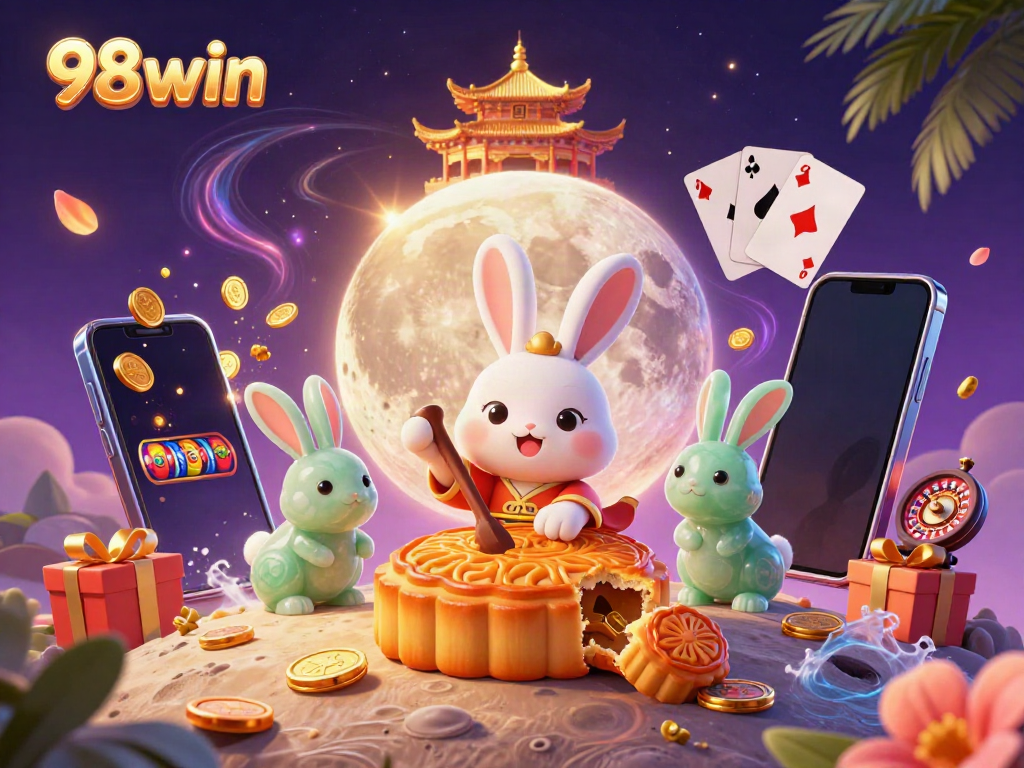 Spin to win exciting prizes with 98win at the online casino featuring a lively scene of a moon rabbit and gaming elements.