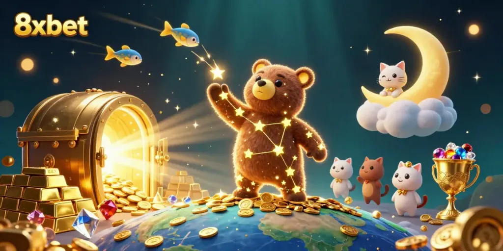 Experience the thrilling 8xbet world, featuring a constellation bear collecting coins amidst treasure and vibrant cosmic elements.