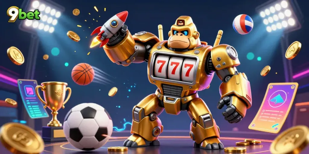Engage with 9bet's dynamic gaming universe featuring a golden gorilla mech amidst flying sports elements.