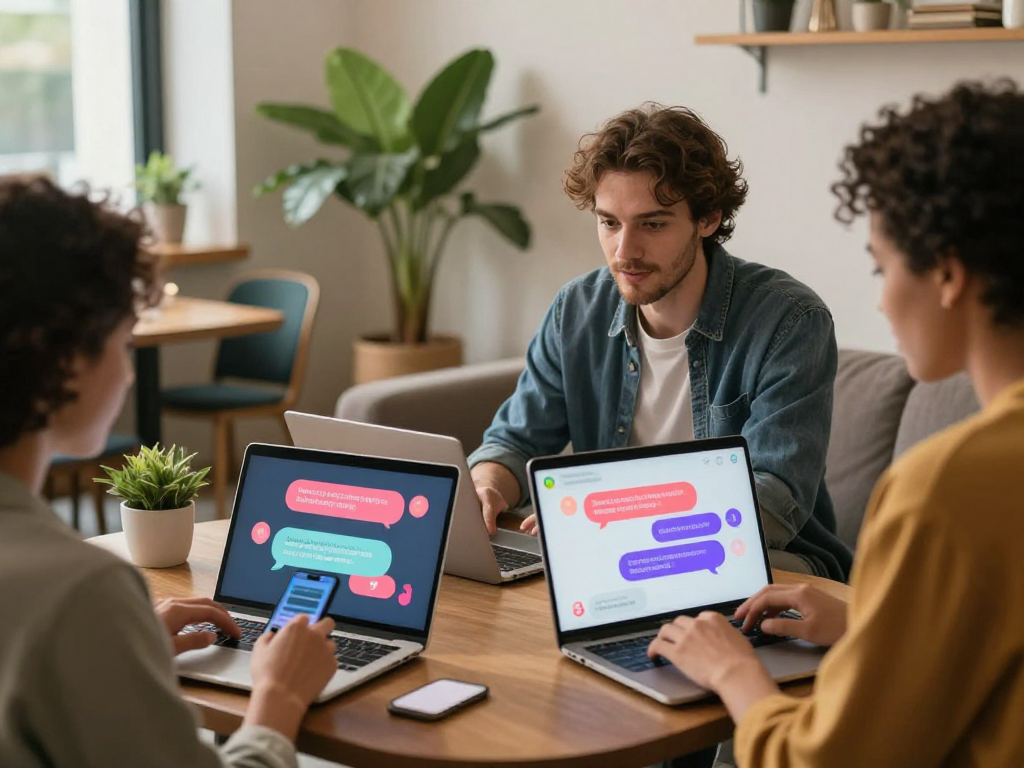 Engaging ai sex chat conversation among diverse individuals in a relaxed setting.