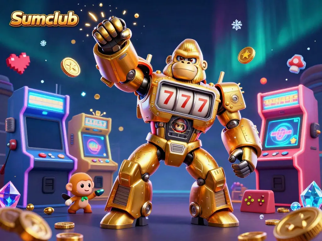 Engage in exciting gameplay at Sumclub with a vibrant 3D casino illustration showcasing a golden gorilla mech.