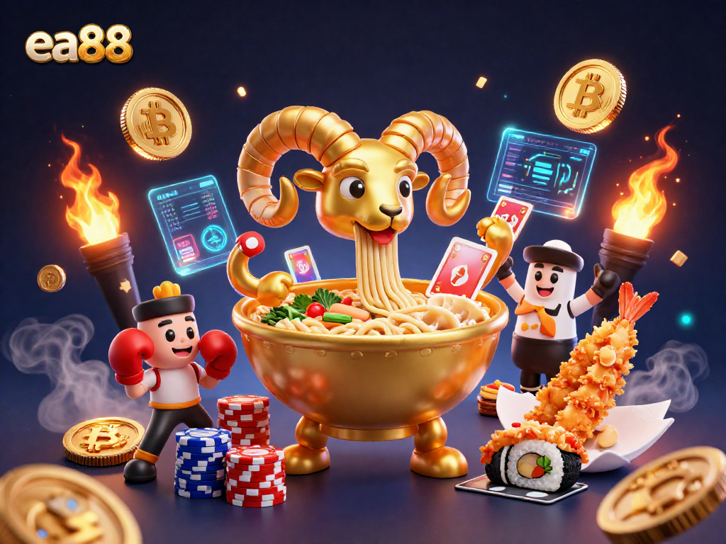 ea88 players enjoying thrilling casino action with a whimsical golden ramen bowl and sushi dealers