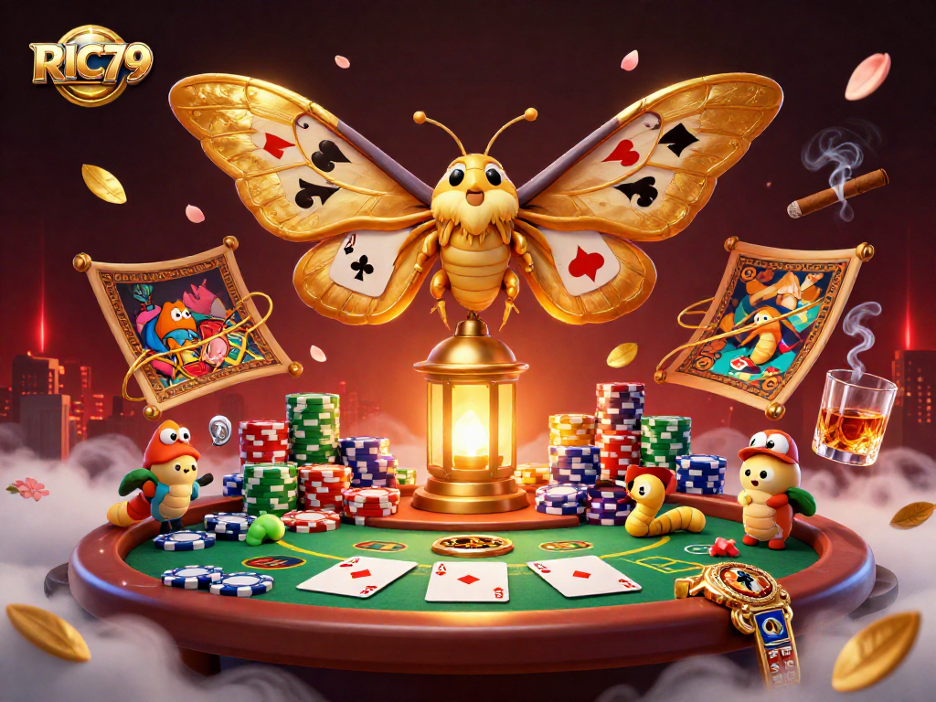 Experience RIC79's vibrant 3D casino scene with an atlas moth and poker elements in action.