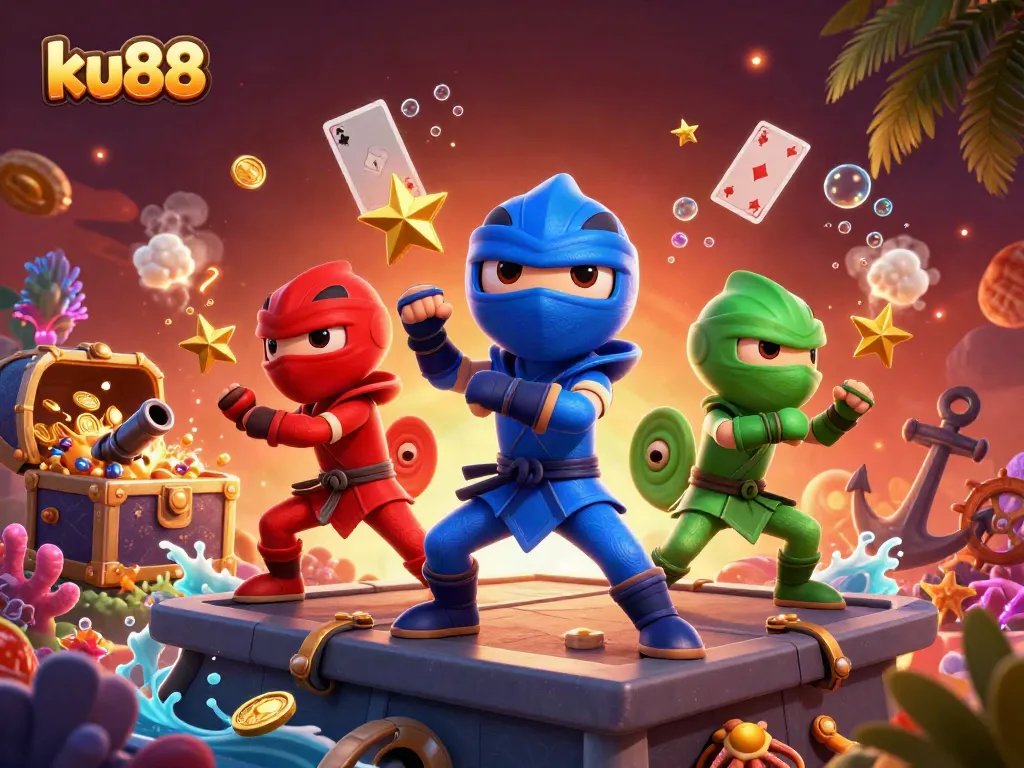 ku88 showcases a dynamic trio of chameleon ninjas performing bets amidst golden treasures and vibrant card games in a casino.