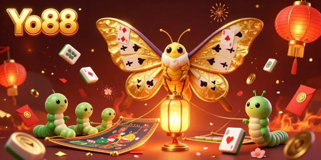 Engage with Yo88's dynamic gaming scene featuring a majestic moth symbolizing luck and fortune.