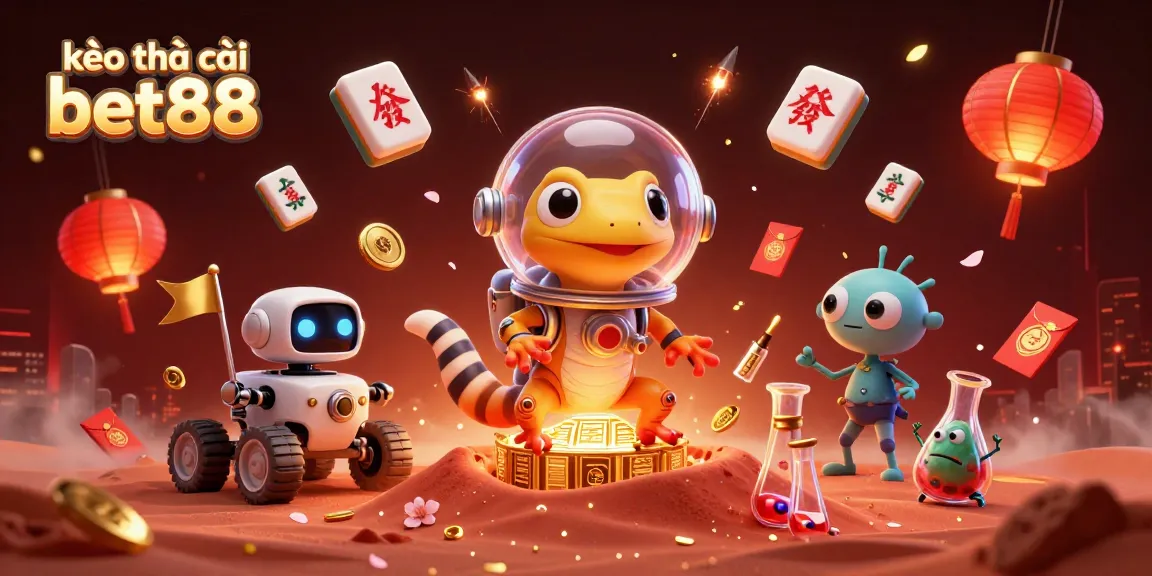 Engage with kèo nhà cái bet88 through a vibrant casino scene featuring a Martian gecko and gold treasures.