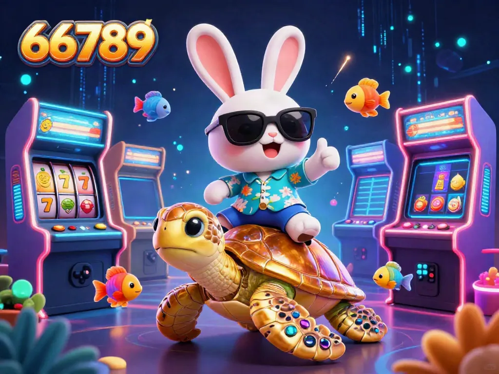 Experience the thrill of 66789 with a lucky rabbit on a golden turtle, amidst vibrant casino elements.