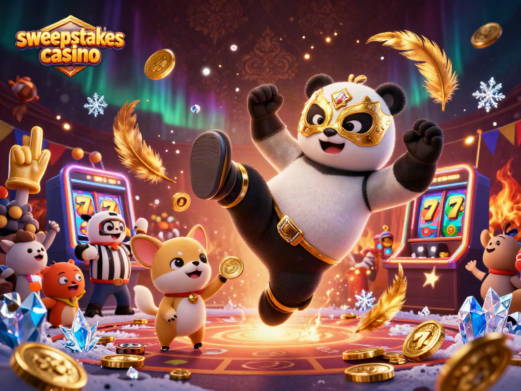 Experience the thrill of a sweepstakes casino with Panda and Chihuahua in a dynamic 3D scene filled with excitement.