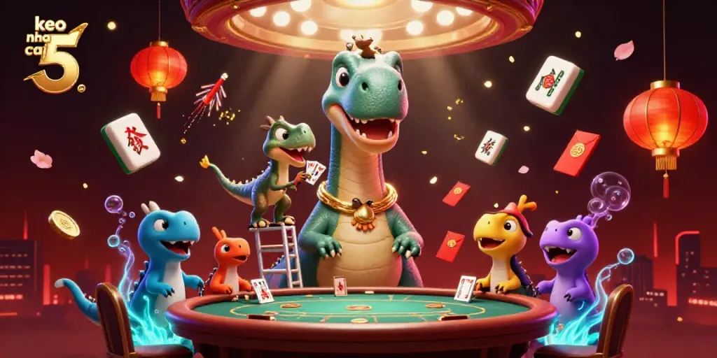 Engage in thrilling bets with keo nha cai 5's dynamic casino scene featuring animated characters and vibrant game elements.