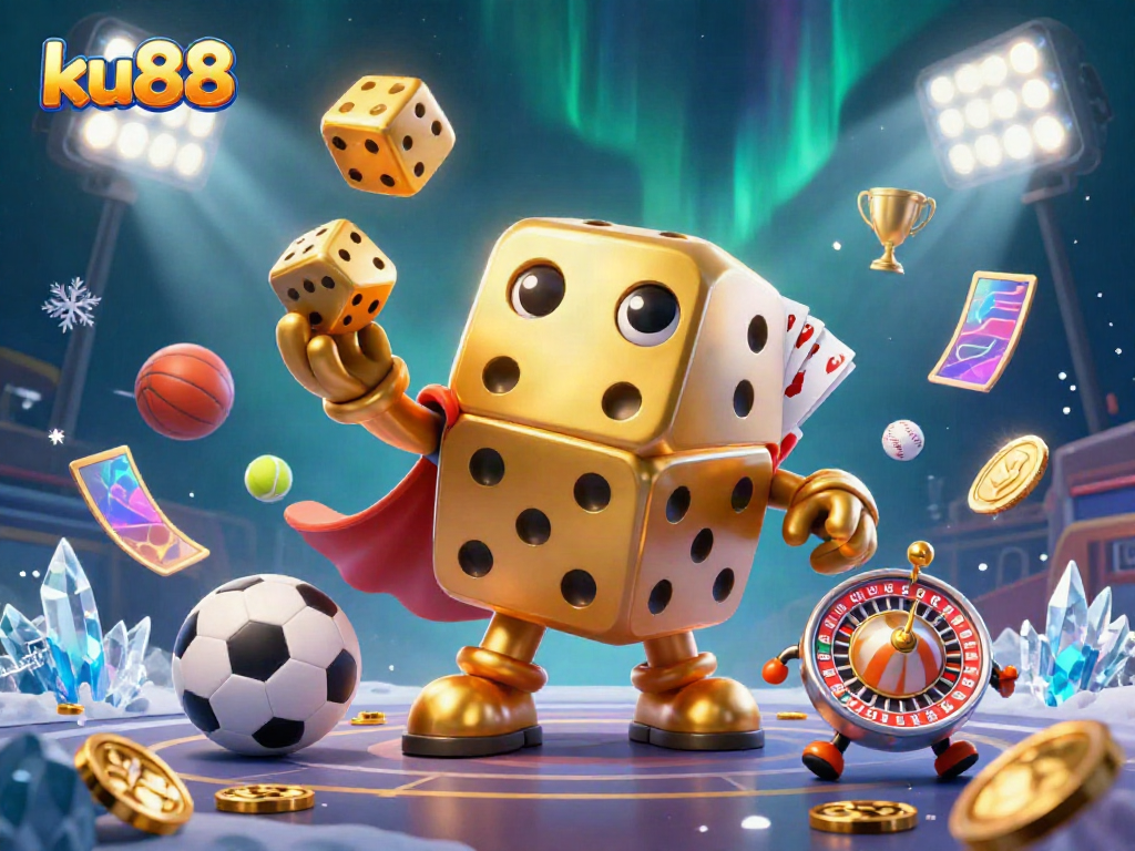 ku88 showcases an engaging 3D casino illustration featuring a lively dice golem and vibrant sports betting elements.