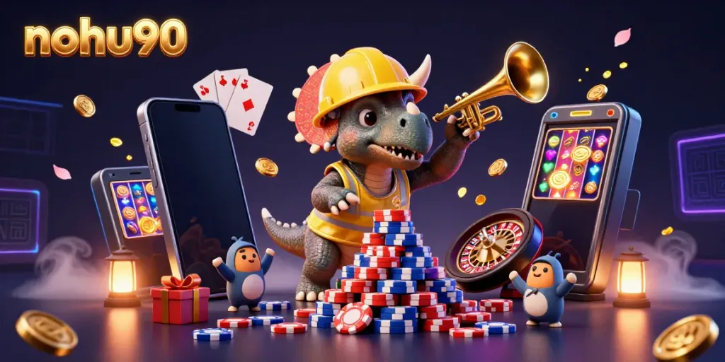 Cheerful scene at nohu90 as a triceratops builds a tower of poker chips amidst dynamic casino elements.