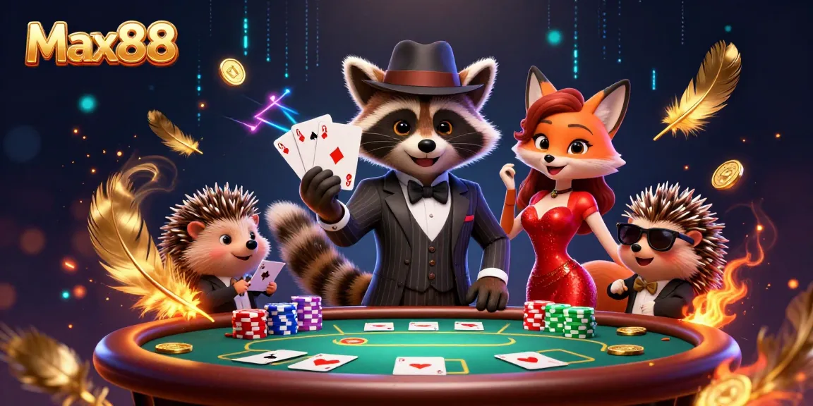 Experience the excitement of Max88 with a raccoon in a suit, showcasing a royal flush at a vibrant poker table.