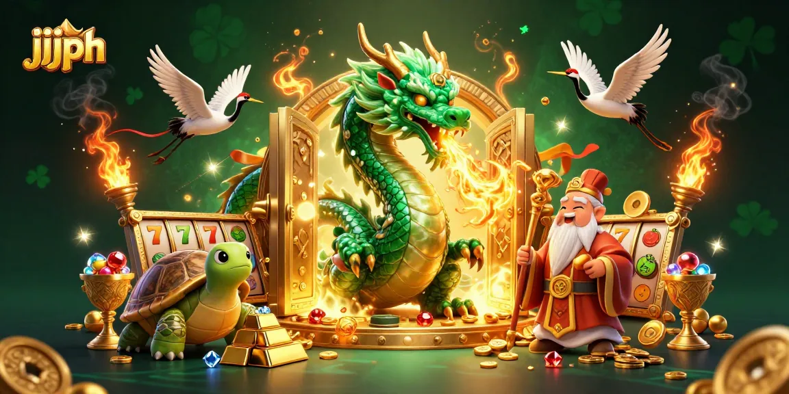 Maglaro ng jjjph gamit ang masuwerteng dragon, pagong, at mga crane kasama ang mga simbolo ng casino.