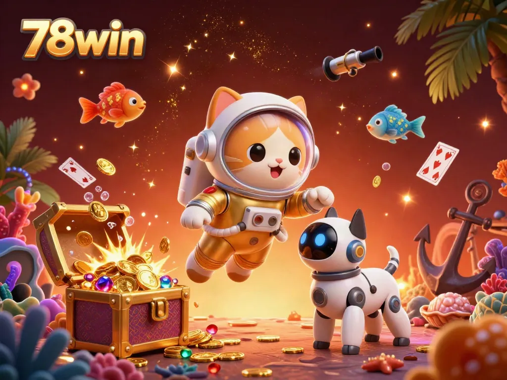 Experience the vibrant 78win fantasy world with a space cat and treasures amidst casino action.