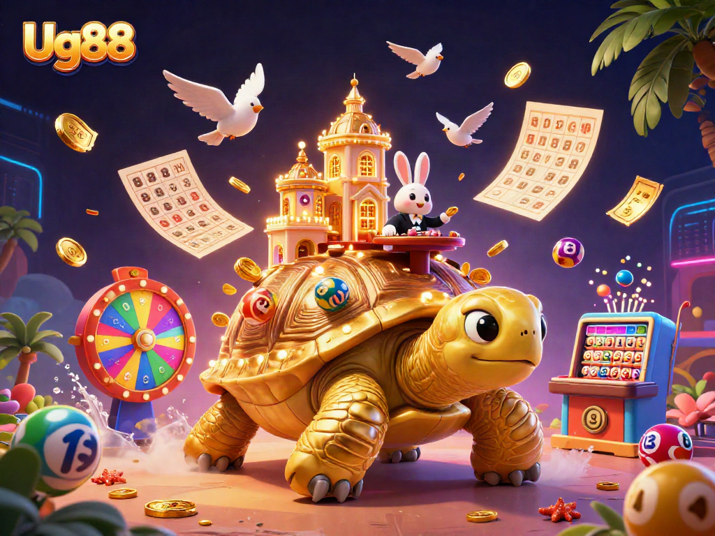 Play thrilling casino games like slots and bingo with Ug88 in this vibrant illustration.