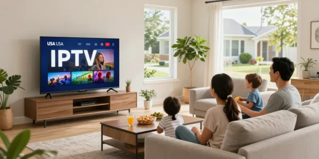 Family enjoying IPTV USA streaming in a bright modern living room.