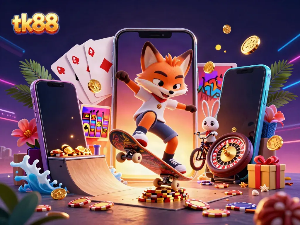 Experience tk88 fun with a skateboarder fox flipping over golden poker chips in a vibrant casino scene.
