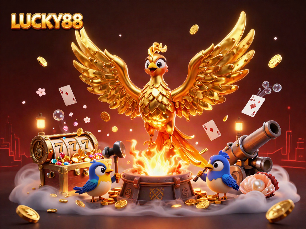 Engage in thrilling gameplay with LUCKY88's vibrant casino-themed illustration featuring a golden phoenix.