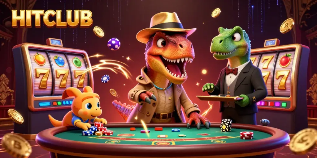 Experience HITCLUB excitement with a cartoon velociraptor card counter at a vibrant casino scene.