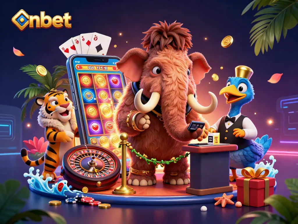 Experience thrilling nbet excitement as a woolly mammoth checks IDs outside an elegant casino.