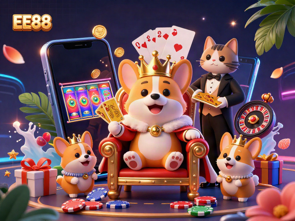 Engage with EE88 in a vibrant casino scene featuring a royal corgi surrounded by gaming elements and festive decorations.