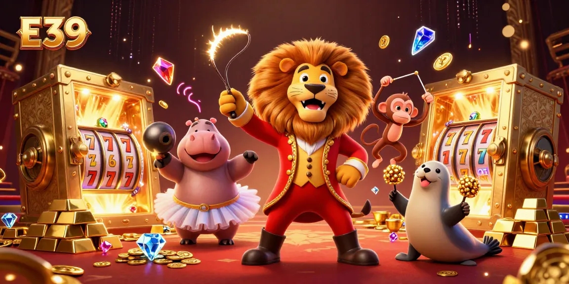 Experience the thrill of E39 with a lively casino scene featuring a circus ringmaster lion and treasures.