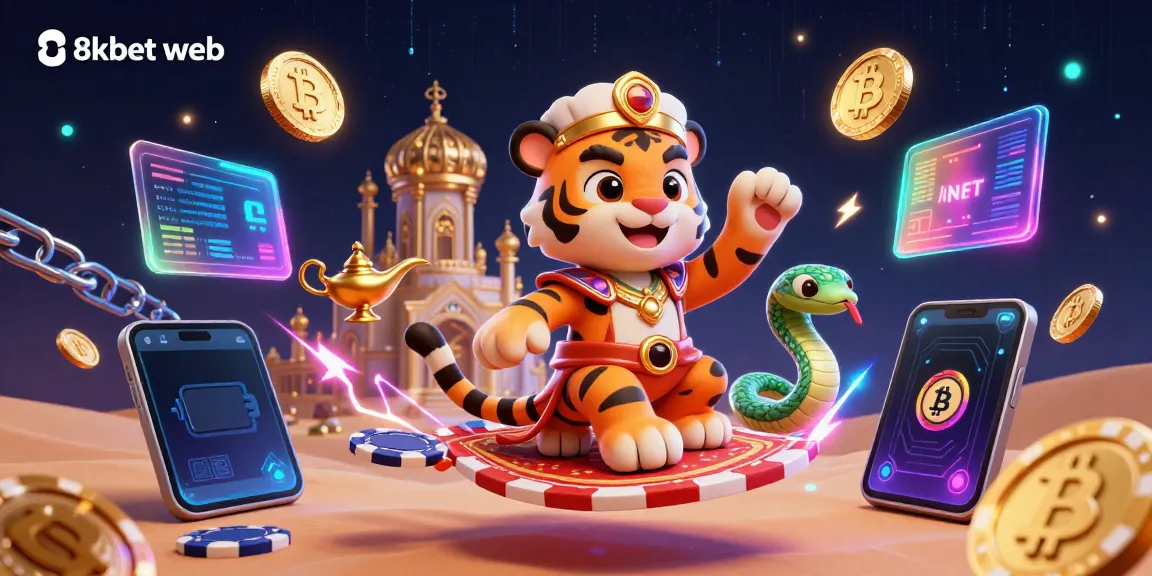 Engage with the immersive 8xbet web experience featuring a tiger sultan, magical elements, and vibrant cryptocurrencies.